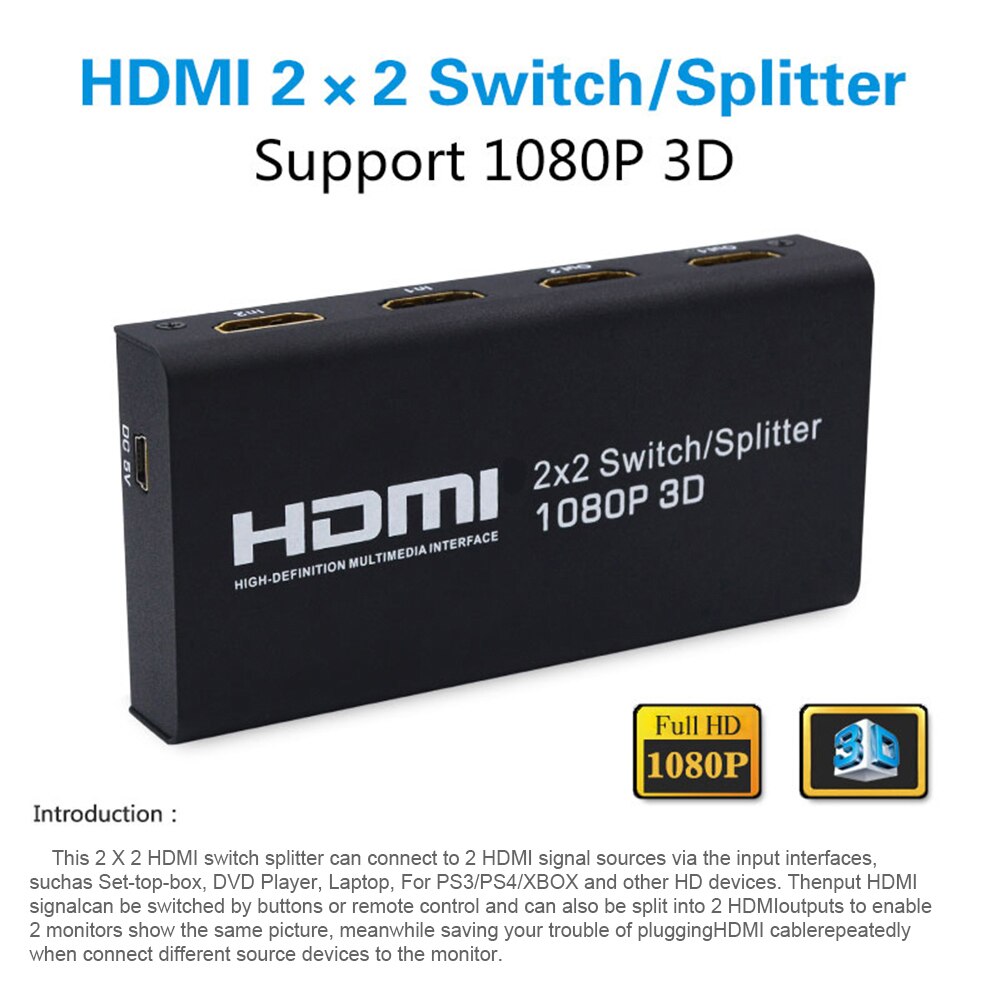 2X2 Hdmi 1.3b Switch Splitter Ondersteuning 1080P 3D Met Afstandsbediening Led Indicator