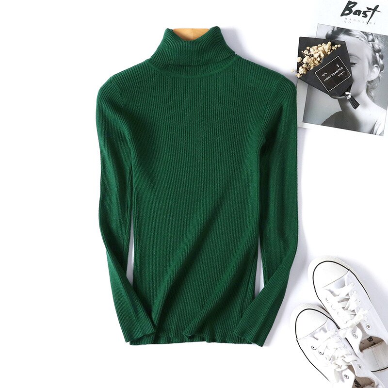 H.SA Autumn Basic Turtleneck Sweater Casual Soft Solid Jumper Korean Sweater Slim Femme Elasticity Winter Pullovers: LM8542  Green
