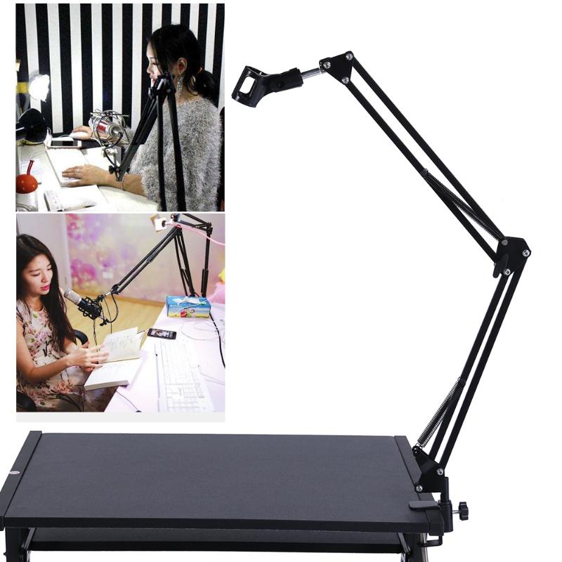 Justerbart skrivebord live radiooptagelse mikrofon telefon foldbar mikrofon holder sort dobbelt arm holder bord mikrofon holder holder