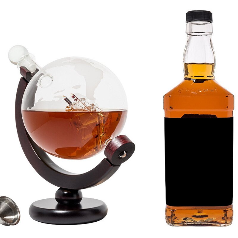 Whiskey Decanter Set Vodka Globe Decanter For Liquor Bourbon Vodka Globe Decanter With Finished Wood Stand