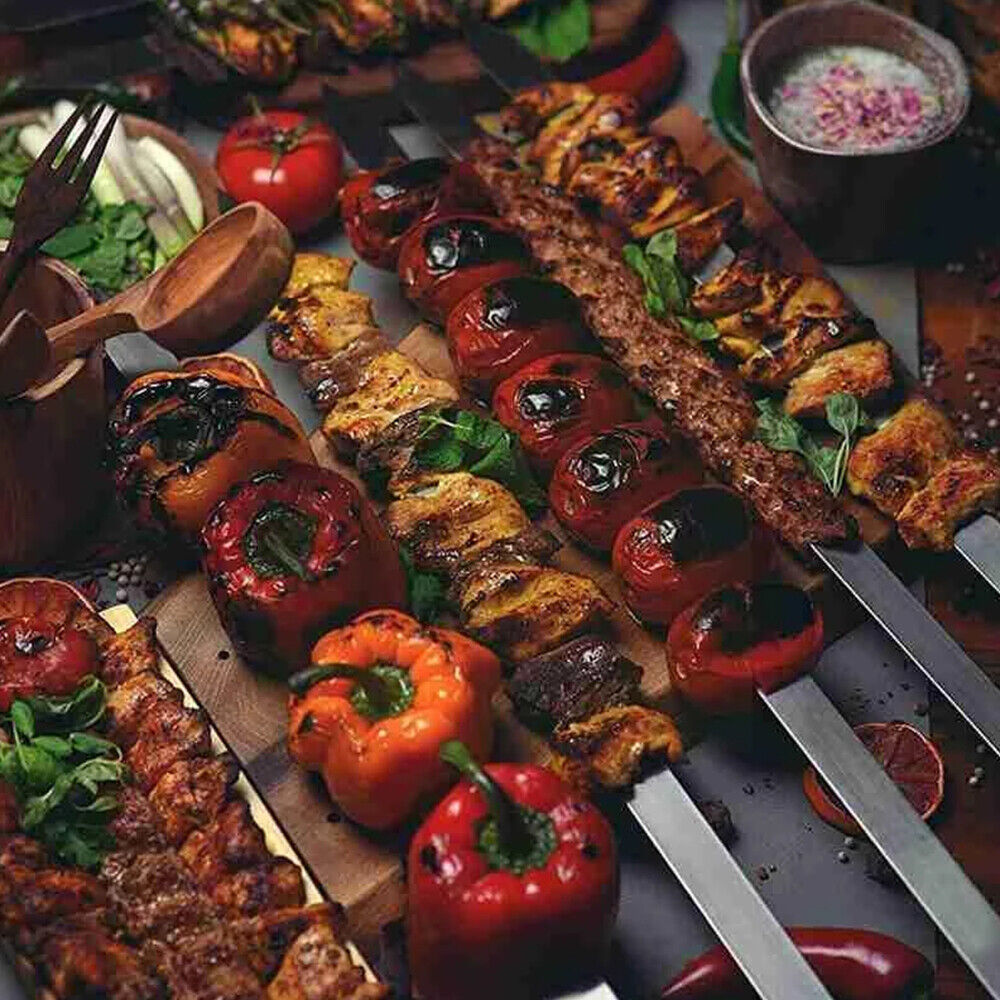 50 cm breite, flache Edelstahl-Grillspieße mit Holzgriff, Schasch, Kebab, türkische persische grillen, Koubideh, iranisch, brasilianisch, europäisch