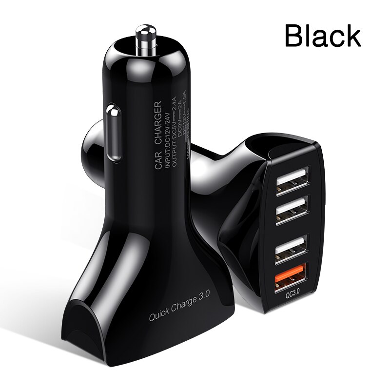 30W 4 Poorten Autolader Quick Charge 3.0 Dual Usb Adapter Snel Opladen Voor Iphone Samsung Xiaomi Telefoon Auto-Charger: black