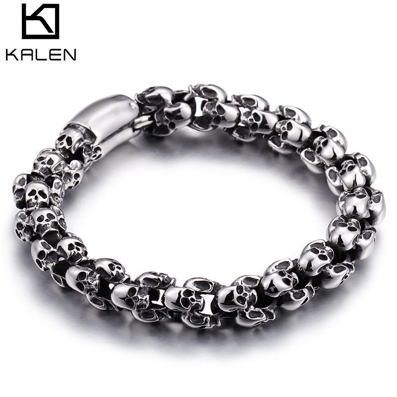 Pulseras de calavera Punk de 12mm para hombre, cadena de eslabones con dije de León y esqueleto de acero inoxidable 316L, joyería gótica masculina