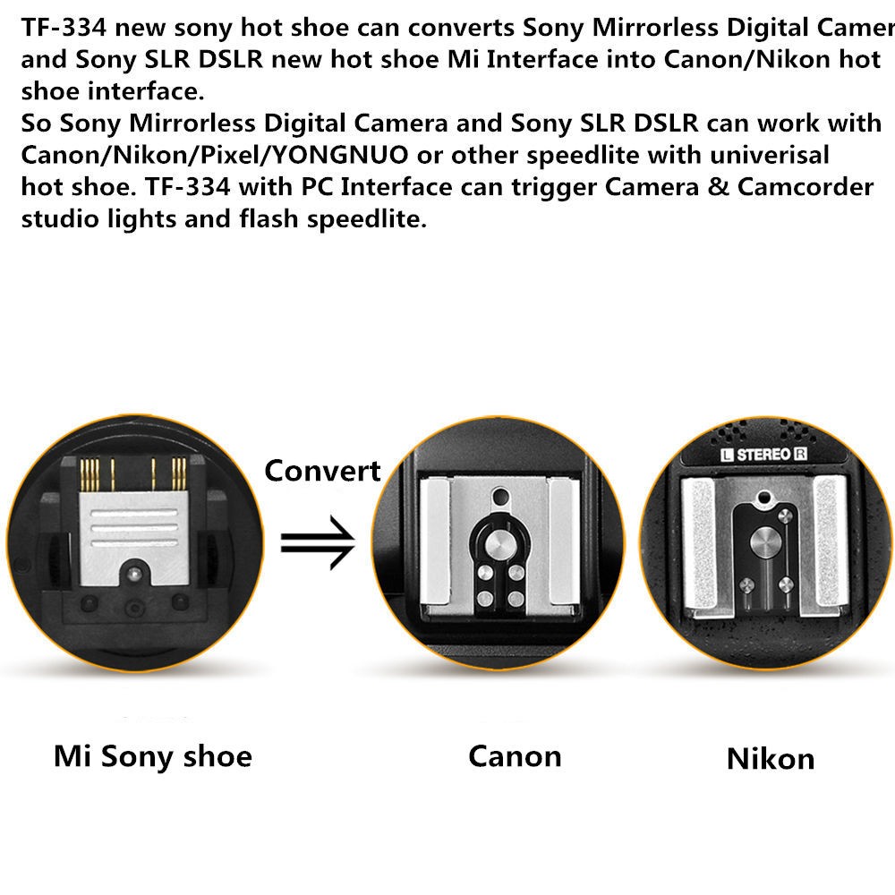 Pixel TF-334 Flash Shoe Adapter For Sony Mi A7 A7R A7S II A99 A6000 A6300 RX10 NEX6 Convert for Canon Nikon Yongnuo Godox