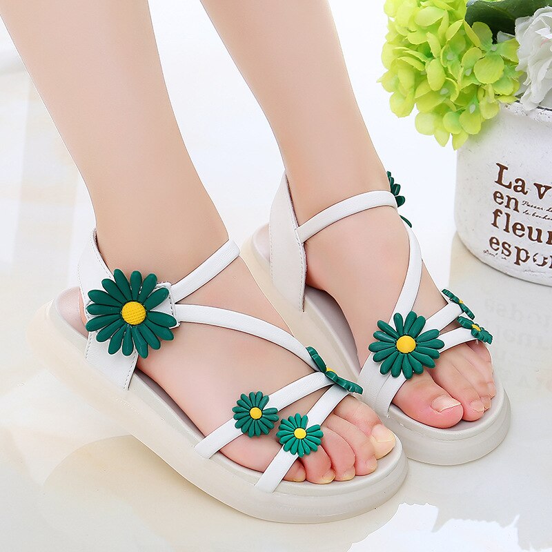 Sandalias con plataforma de flores para niños y niñas, zapatos de princesa, calzado de playa abierto coreano, 6, 8, 10, 12 años: green / 35