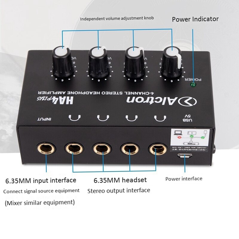 Alctron 4-Channel Portable Stereo Headphone Amplifier Mini Earphone Splitter Amp TRS Headphones Output Jack