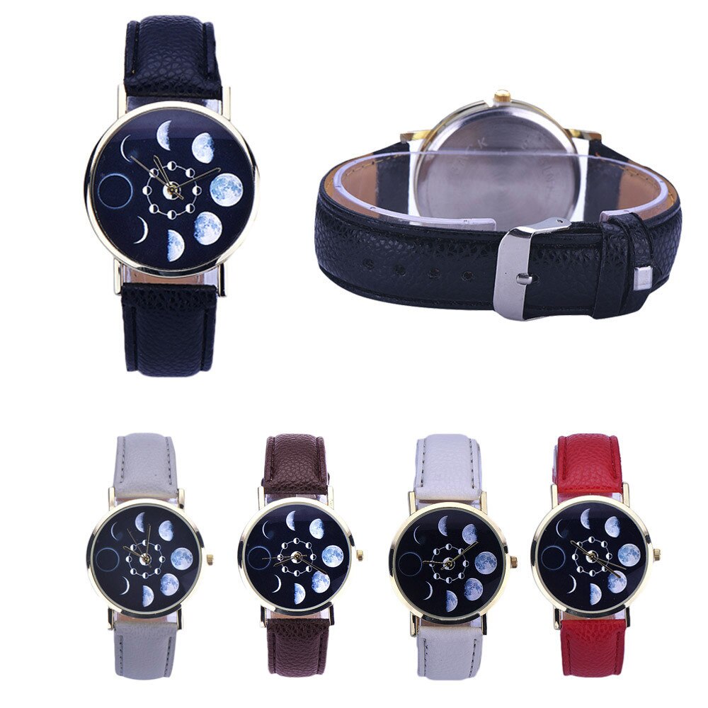 Prachtige zonnemaanfase maansverduistering horloges dames stijlvol quartz horloge pu leren armband horloges dames klokuren