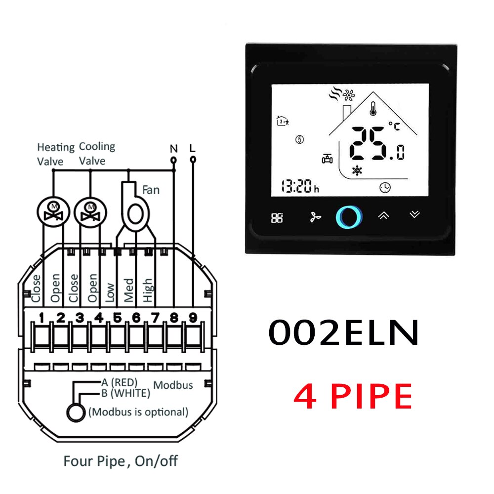 2P/4P Modbus RS485 Rtu-Fan Coil Airconditioner Thermostaat, 95-240VAC 24VAC: 002ELN-Black  4P / 24VAC