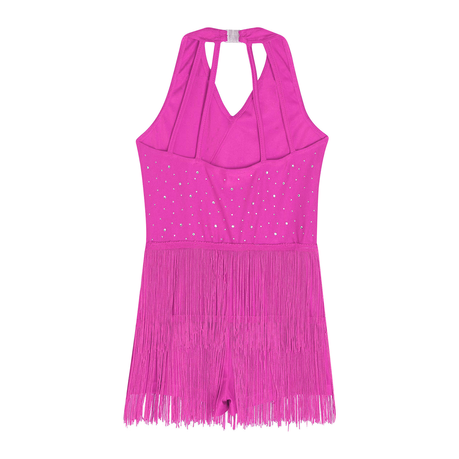 Disfraz de baile latino Cha-cha Samba Salsa para niñas, vestido de leotardo con flecos y diamantes de imitación, mono sin mangas con tiras en la espalda y borlas