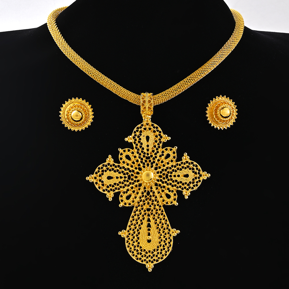 Saoedi-Arabië 24K Goud Kleur Ethiopië Vrouwen Sieraden Ketting Oorbel Afrikaanse Arabische Bruids Set Habesha Eritrea Party: Blue Zinc Plated
