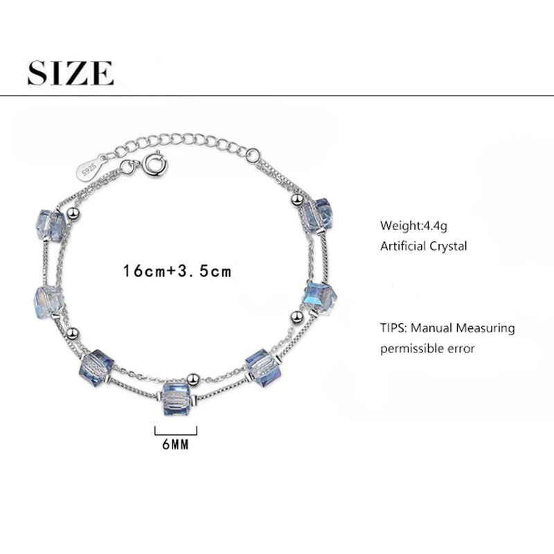 Anenjery Simple Double couche carré bonbons Bracelet en cristal synthétique pour les femmes couleur argent main bijoux S-B222