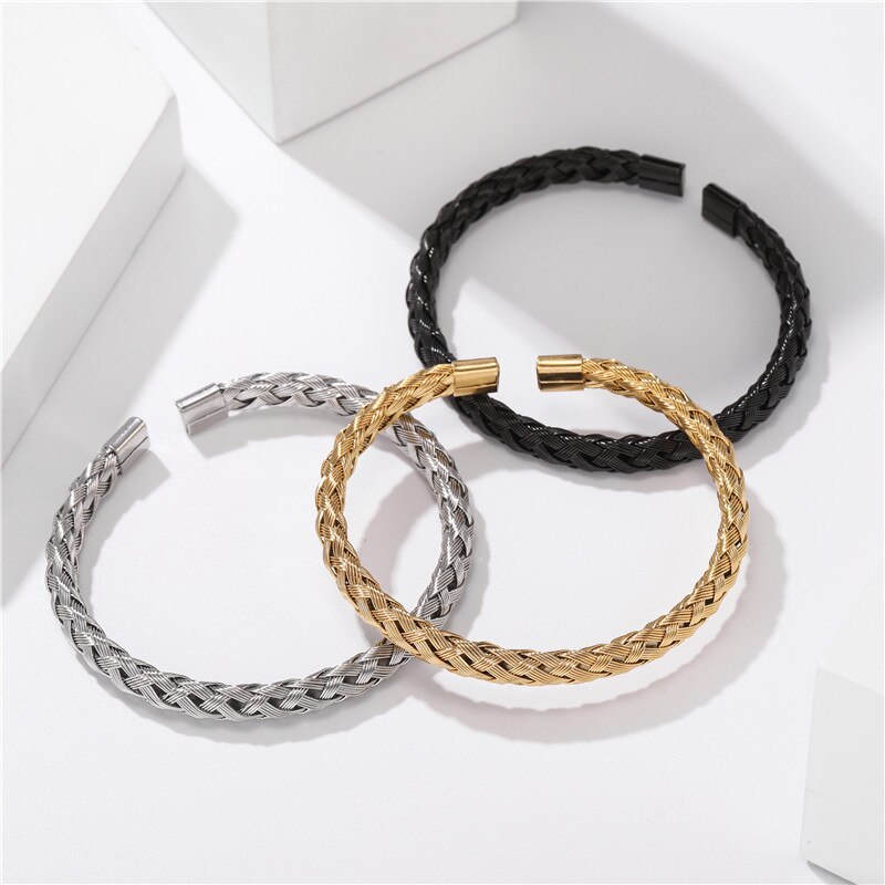 Stainless Steel Titanium Steel Braided Braided Steel Wire Open Bracelet Fine Men and Women Simple Geometric Round Fine Jewelry