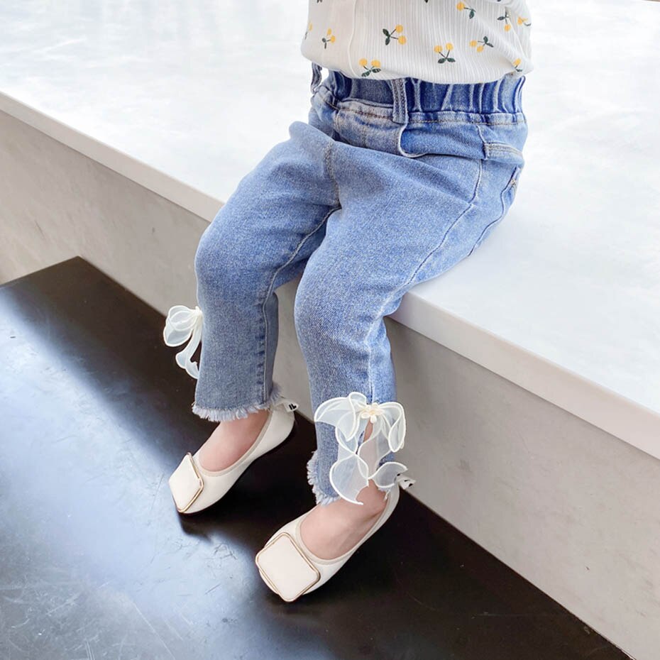 Toddler baby girl jeans med sløjfe jeans baby efterår vinter jeans til børn piger afslappet stil pigetøj