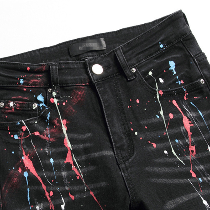 Men&#39;s Jeans Ripped Spray-Painted Black Stretch Pants Drill High Street Casual Pants Autumn Hip-hop Clothing