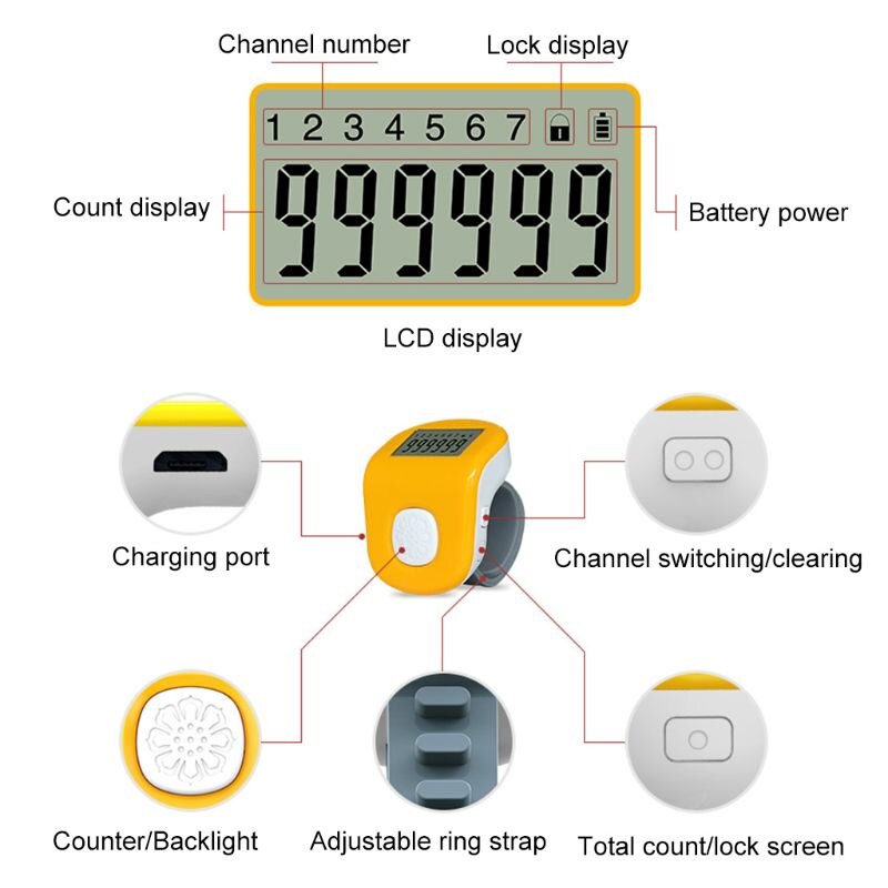 6 contador Digital recargable manual de 7 canales LED luz oración electrónica anillo de silicona contador 999999 contadores