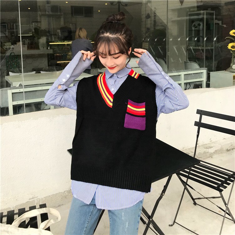 Tröja väst dam regnbågsficka stickad ärmlös dam all-match pullover elasticitet lös enkel höst ulzzang: 5037- blå