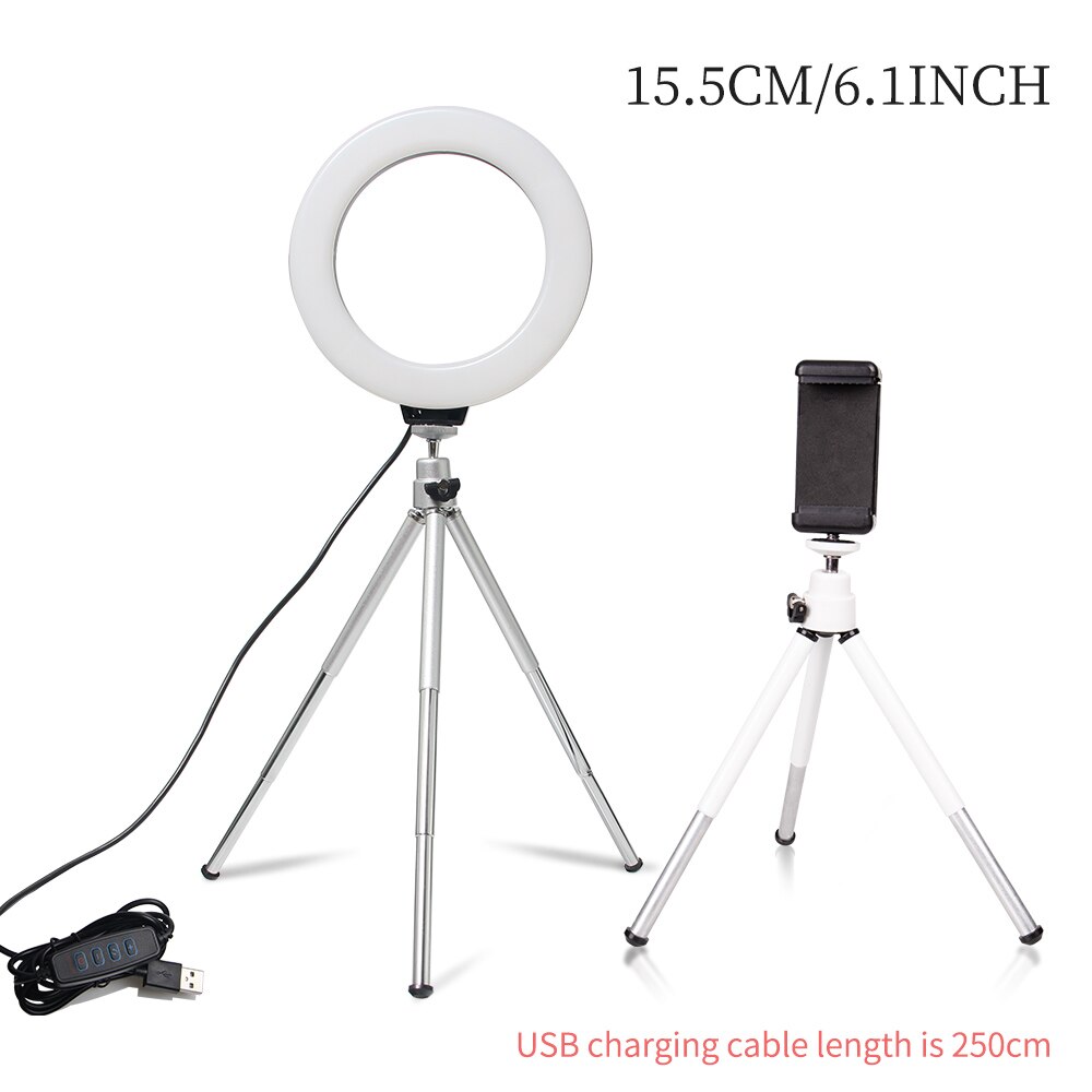 6 polegada mini led desktop anel de vídeo luz com tripé lâmpada anel suporte para maquiagem ao vivo foto iluminação fotográfica: White tripod