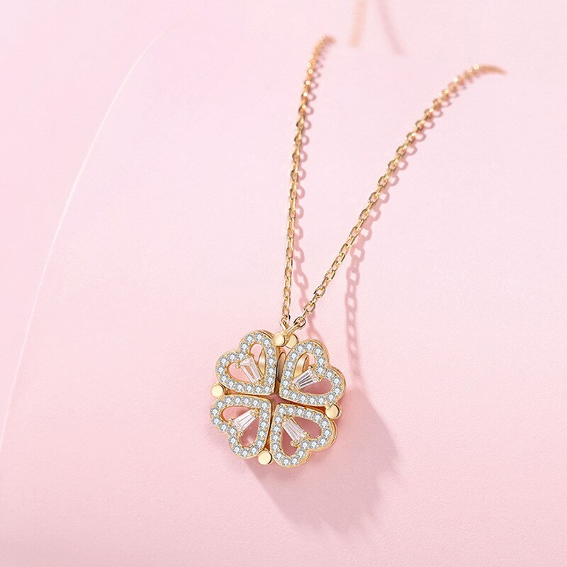 Vrouwen Hart Kettingen Rvs Magneet Kristal Klavertje Vier Hart Hanger Collier Sieraden Kraag Bff Bijoux: gold