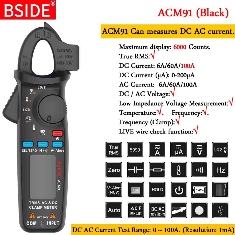 BSIDE True RMS Clamp Meter 1mA Plier Ammeter Car Repair Digital Multimeter DC AC Current Volt Temp Capacitor Tester: ACM91-black