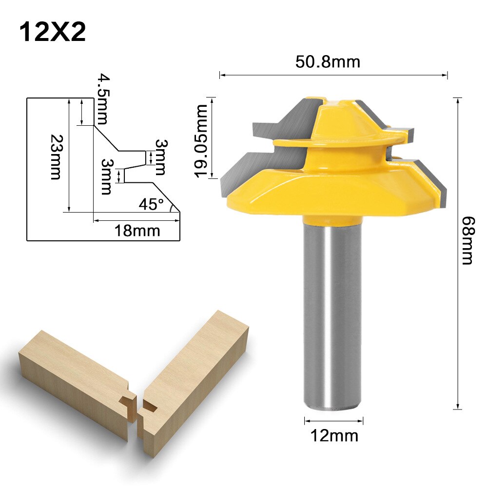 6 To1/2inch Shank 45 Degree Lock Miter Router Bit Woodworking Tenon Milling Cutter Tool Drilling Milling for Wood Carbide Alloy: 2-12mm