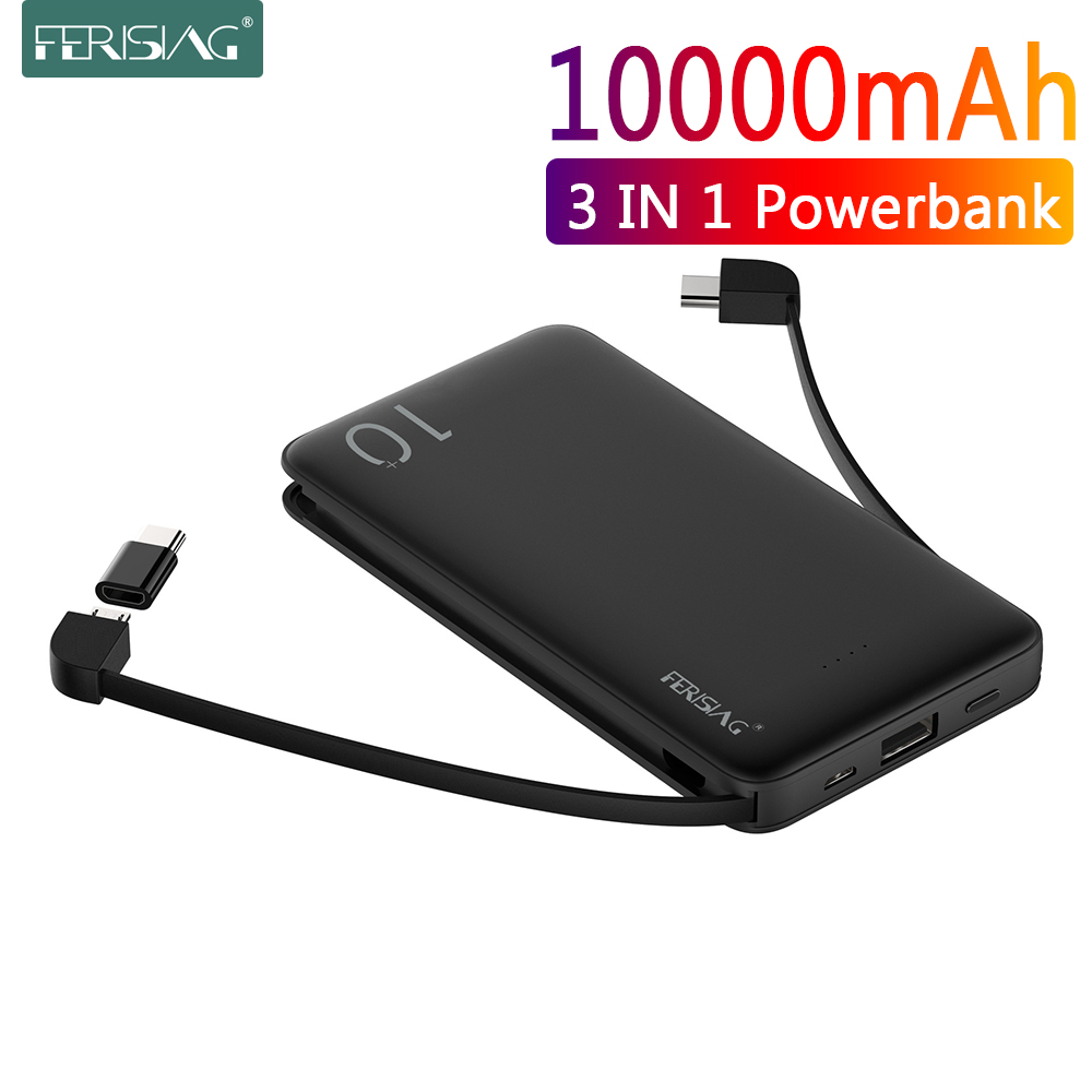 Ferising Met Kabel Power Bank 10000Mah Usb Draagbare Oplader Powerbank Externe Batterij Opladen Pack Voor Iphone Samsung Xiaomi