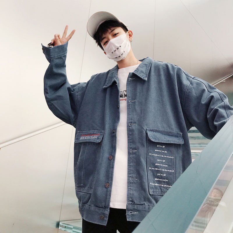 men\'s embroidery denim jacket loose Korean bf short hip-hop early autumn popular trend students teenagers coat