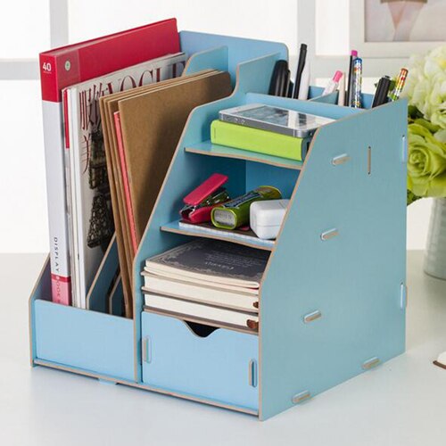 XRHYY Desktop Wooden Storage Box Office Supplies Finishing Storage Box Office File Rack Multi-Layer File Shelf A4 Data Bookshelf: Blue-1