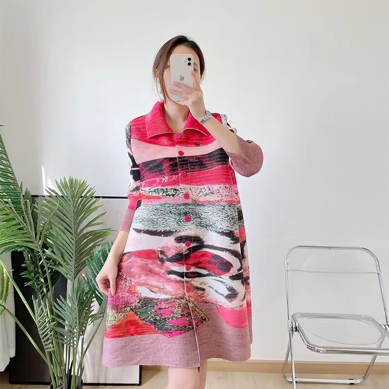 Miyake – manteau plissé imprimé pour femmes, Slim, grande taille, rétro, revers, simple boutonnage, décontracté, printemps 2022: Rouge