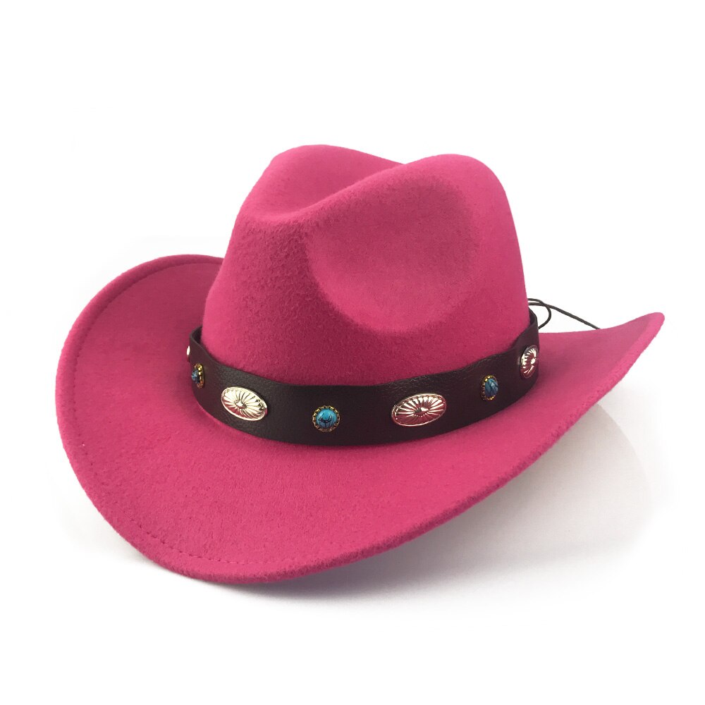 Yy retro vestlig cowboyhatt vinter med bredt metall pu lærbelte trilby caps menn kvinner rullebrett fedora jazz panama  yy20073: rose cowboy retro