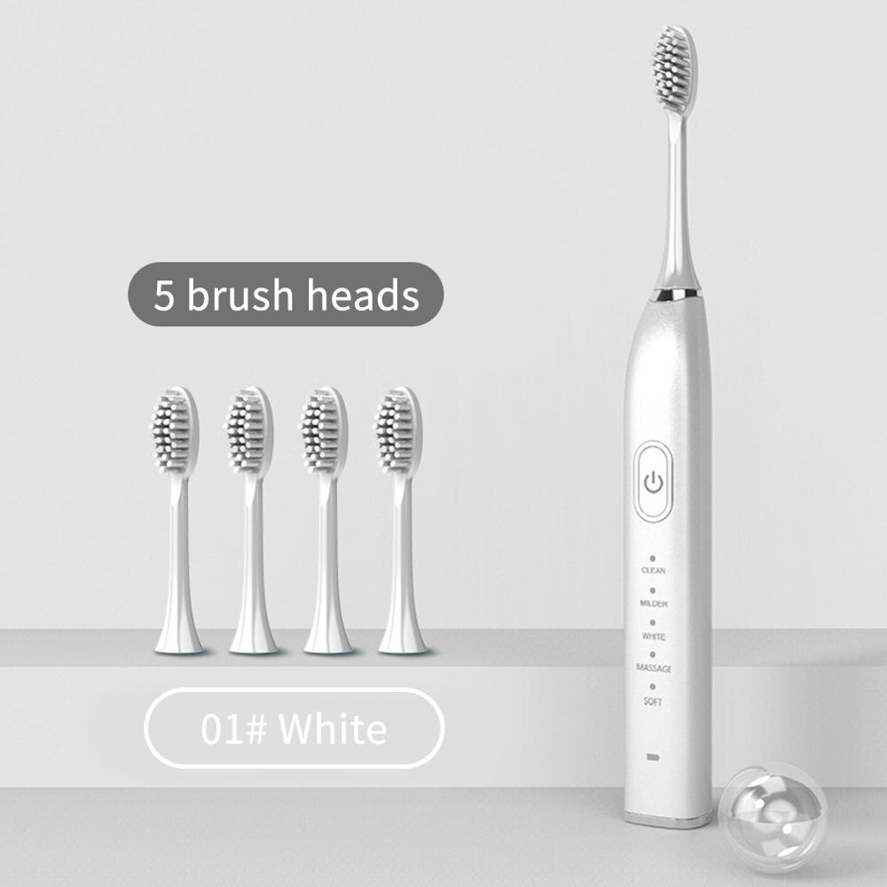 IPX7 Waterproof Tooth Automatic Ultrasonic Sonic Electric Toothbrush 5 Modes USB Rechargeable Electronic Teeth Whitening Brush: White