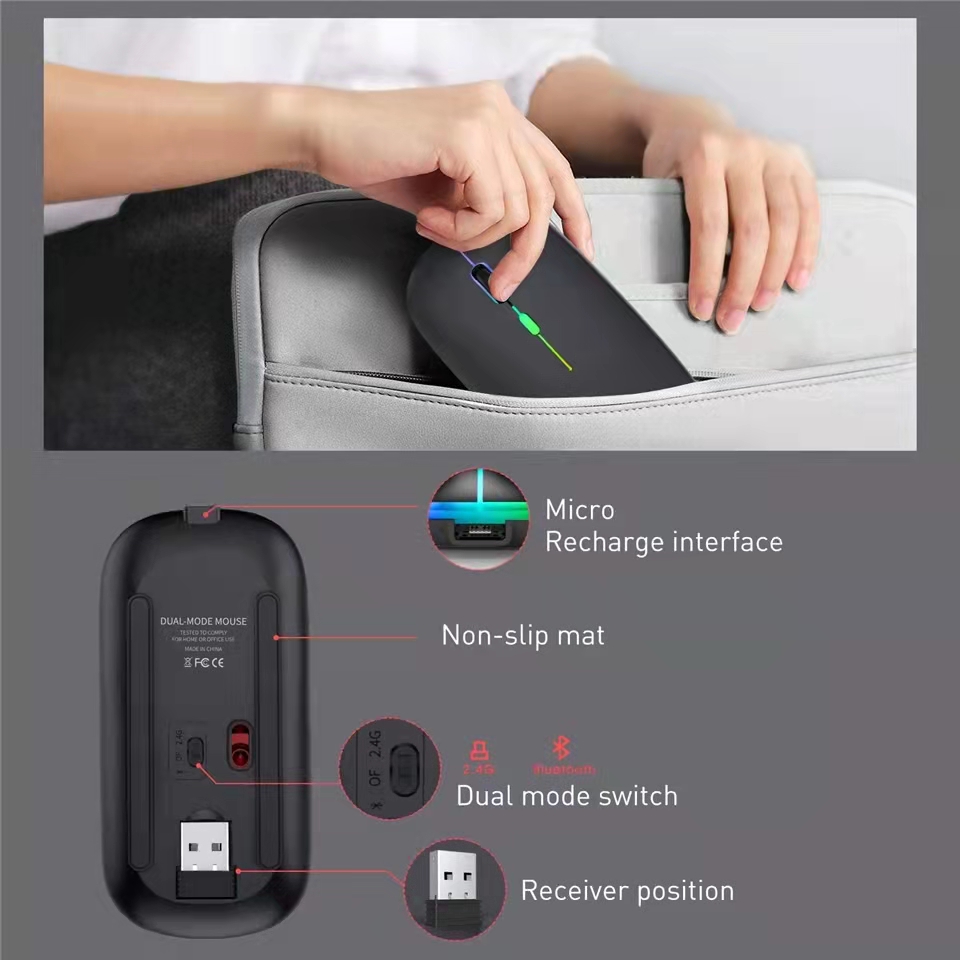 Trådlös gamermus usb-laddningsbar 2.4 ghz bluetooth-kompatibel rgb-möss för bärbar dator tyst bakgrundsbelyst ergonomisk spelmus