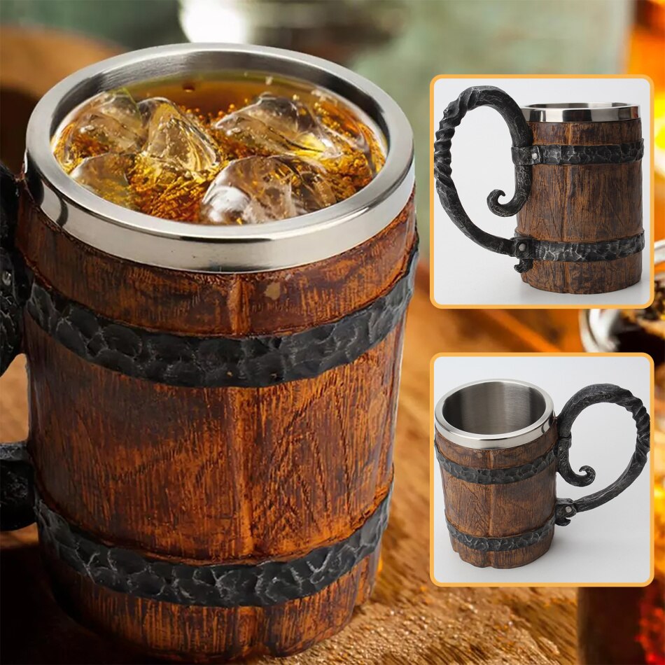 550ml Imitation Wooden barrel Stainless Steel Resin 3D Beer Mug Goblet Game Tankard Coffee Cup Wine Glass Drinking Mugs