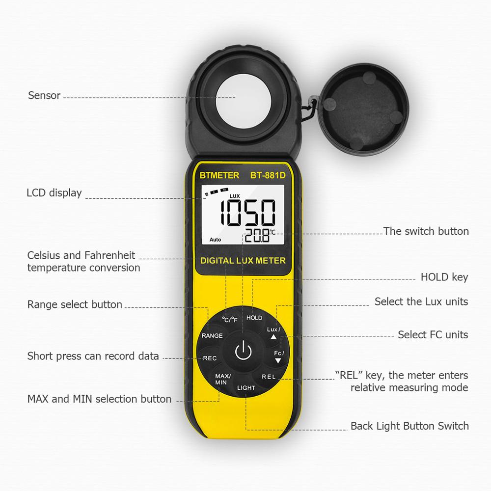 BTMETER Digital Illuminance Light Meter Lux Meter Measure 0.01~400,000 Lux Temp with 270º Rotated Sensor Light Tester