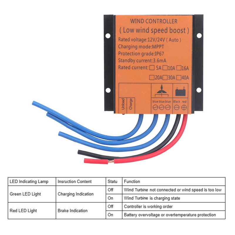 Wind Turbine Controller Winds Charge Regulator 12V 24V Auto Recognition with LED Indicator for Power Generation System