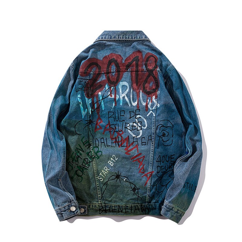 ABOORUN Men's Hip Hop Denim Jacket Graffiti Printed Denim Jacket Spring Autumn Streetwear Coat for Male x2177: M