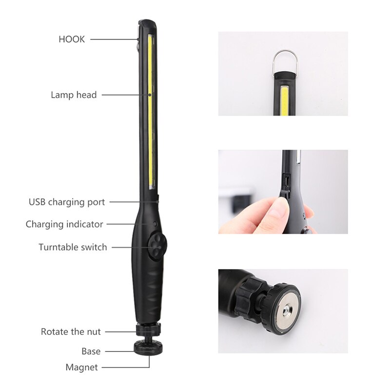 Draagbare cob werklamp led waterdicht 360 ° magnetische ophanghaaklamp staaflamp usb oplaadbaar 18650 voor camper reparatie