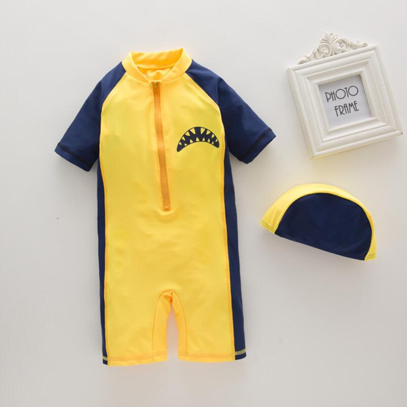 Roupa de banho de manga curta para meninos, roupa de banho casual infantil com design de tubarão, 2 a 7 anos