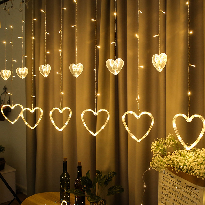 Cortina de luces LED con forma de corazón, tira de luces de 2,5 M impermeables para exteriores, dormitorio, en casa, decoración de boda, enchufe europeo, 12 Uds.