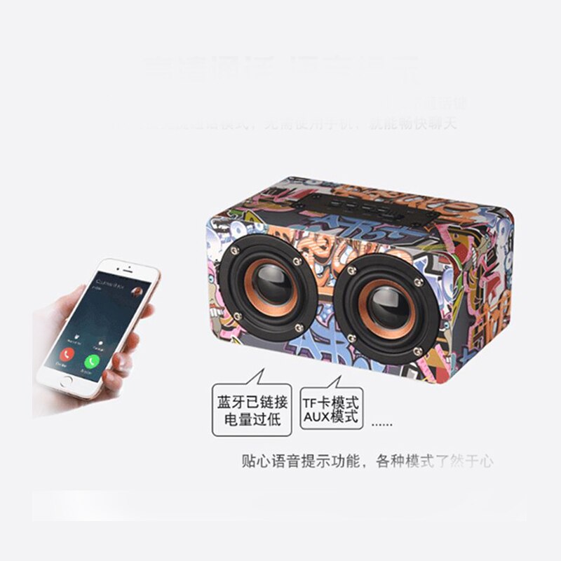wood Portable Bluetooth wirelesss speaker stereo super bass high fidelity HiFi Computer phone MP3MP4 double speaker TF card play: Graffiti color