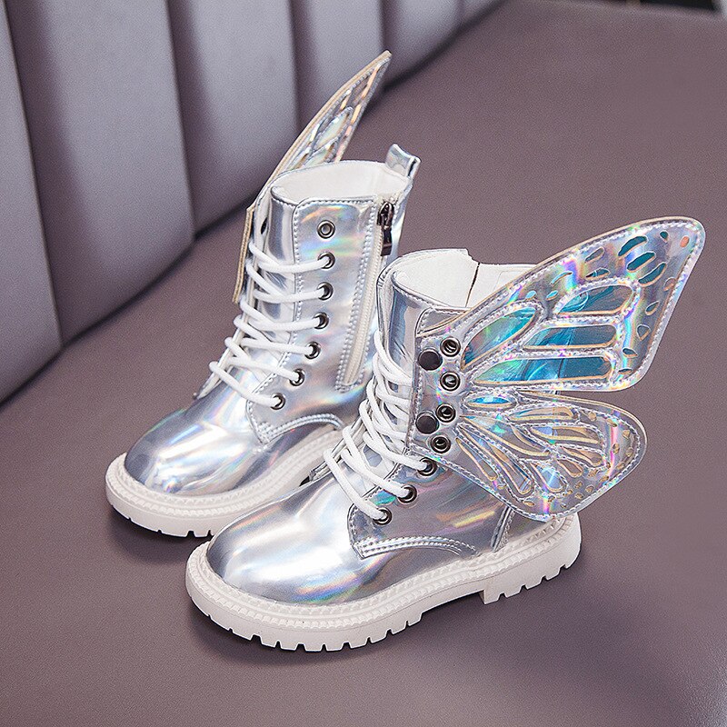 Stivali della ragazza per I Bambini di Moda martino Stivali di Pelle di Brevetto Ragazze scarpe da ginnastica Principessa Scarpe per Bambini Stivali con Ali di Farfalla: argento / 33