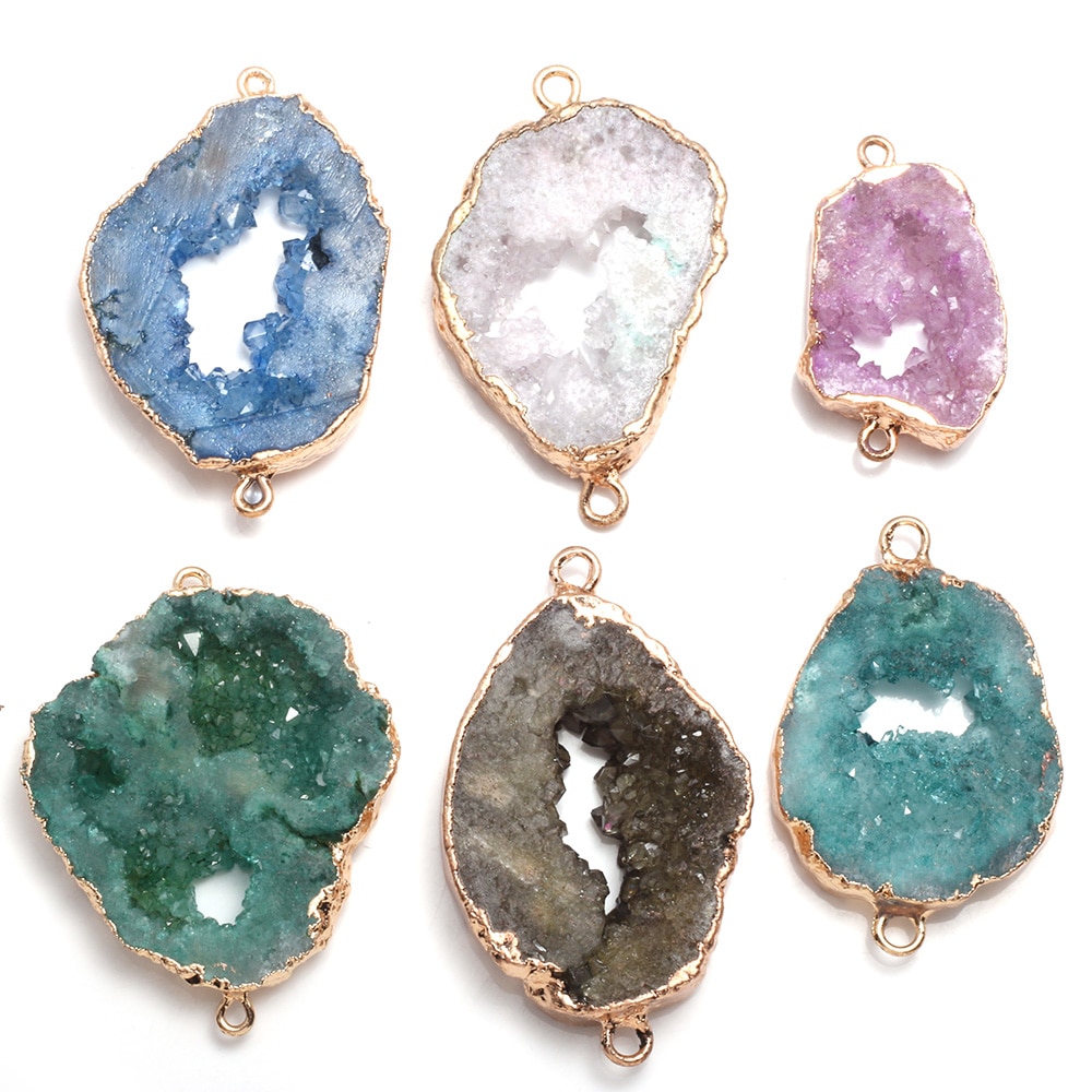 Conectores de colgante de ágatas Druzy Natural, conectores de doble agujero chapados en oro Irregular para fabricación de joyas DIY