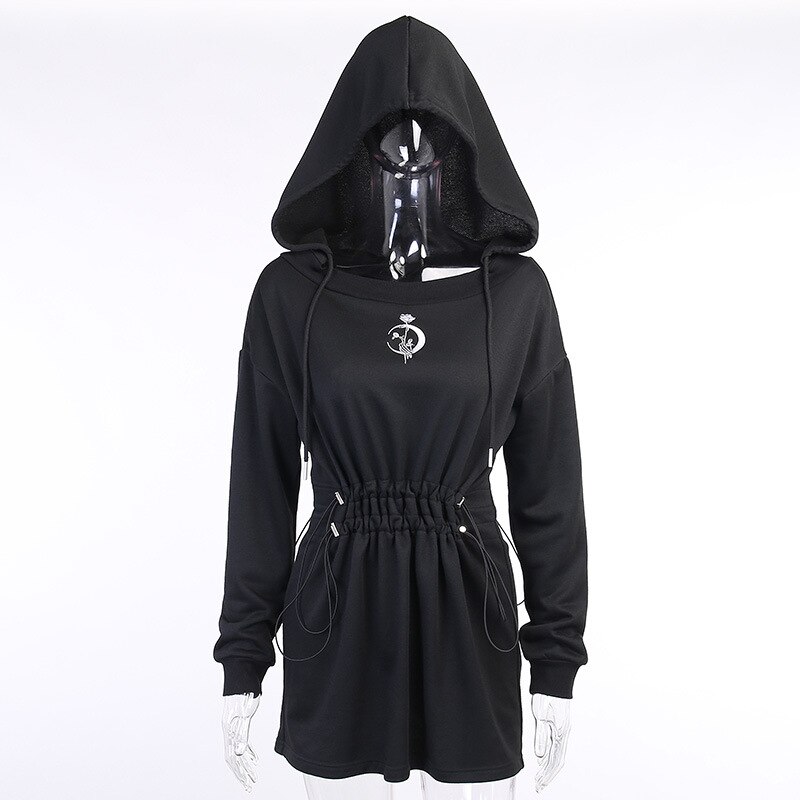 NCLAGEN gotisch Schwarz Punk Hoodies Kleid Mond Stickerei Rose Drucken Mit Kapuze Kleider Frauen Hohe Taille Kordelzug Vestidos de Mujer