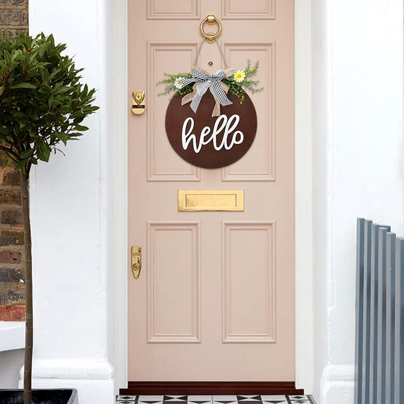 Signe de bienvenue pour couronnes de porte d&#39;entrée, signe de bonjour avec nœud papillon, panneau en bois pour décoration suspendue de porte d&#39;entrée de la maison