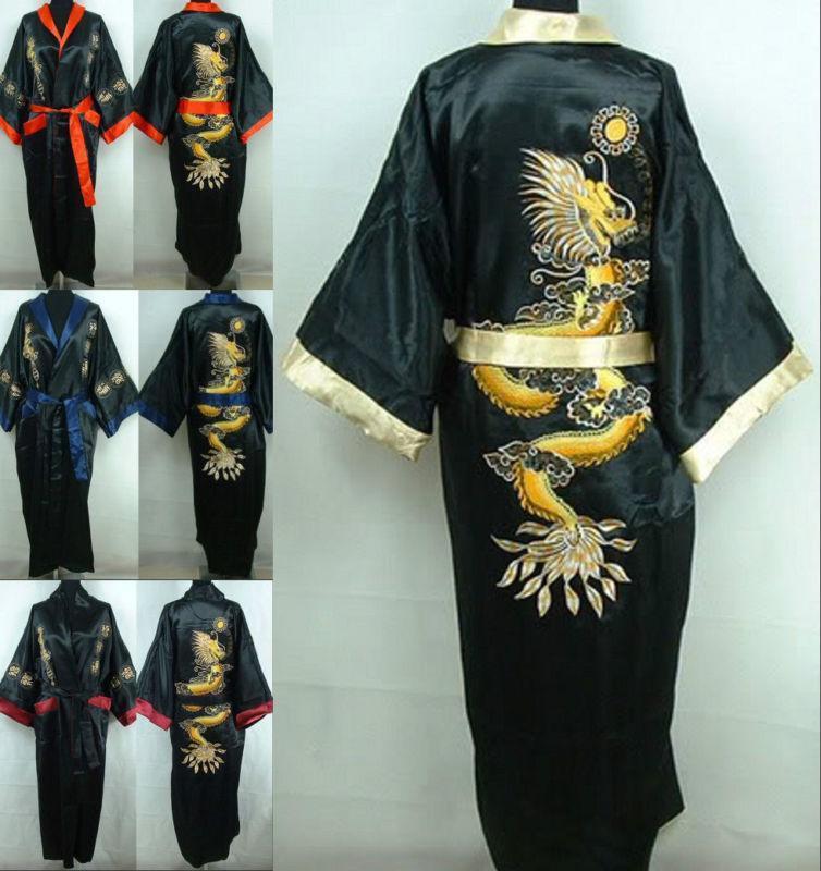 Double-Side Embroidery Dragon Men Satin Kimono Robe Gown Black Red Reversible Bathrobe Casual Nightwear Sleepwear With Belt