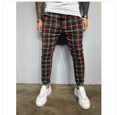 hommes pantalon ajusté à carreaux pantalons décontractés joggeurs Jogging pantalon maigre grande taille hommes pantalon: Asia M / green
