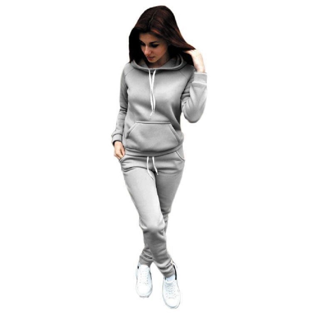 Autumn Tracksuit Long Sleeve Thicken Hooded Sweatshirts Long Pants Winter 2 Piece Set Casual Sport Suit Women Tracksuit Set: Gray / M