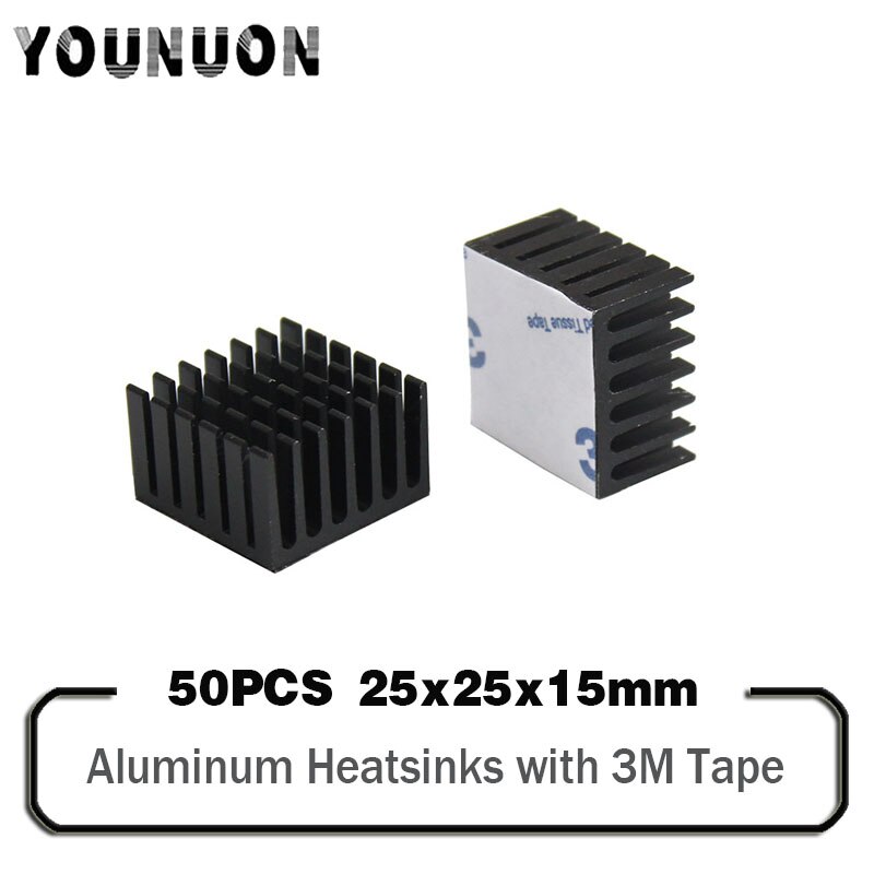 50 Stuks 25X25X15Mm Zwart Aluminium Koellichaam Radiator Met 3M Tape Voor Pc Led ic Chup Cooling