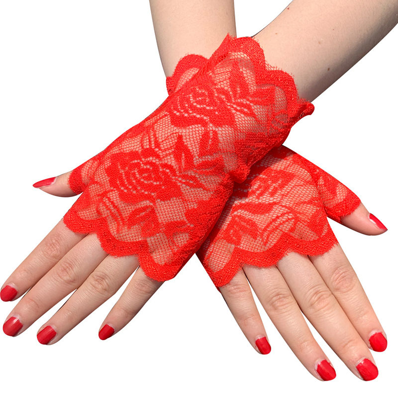 Best Sailor Dance Long Fingerless Womens Sexy Lace Gloves Ladies Half Finger Fishnet Gloves Heated Mesh Mitten Handschoenen: Red