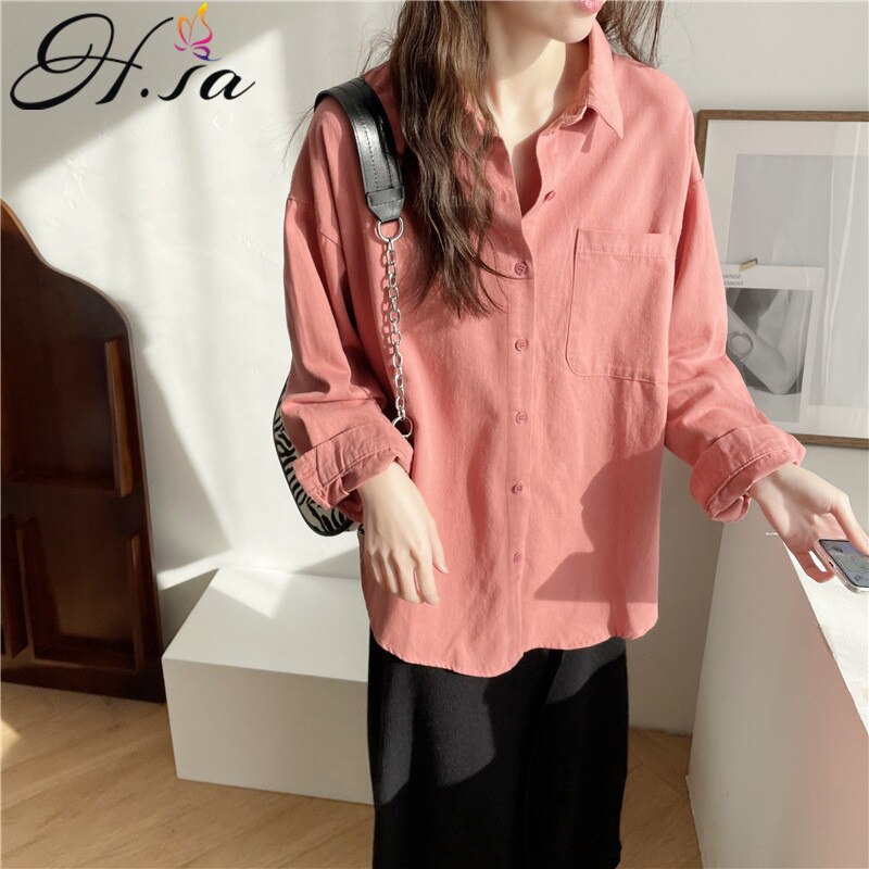 HSA Women Pure Cotton Blouses Trun Down Collar Solid Color Oversized Pocket Blusa Female Shirts Blue Spring Blusas: MYL8308 Pink
