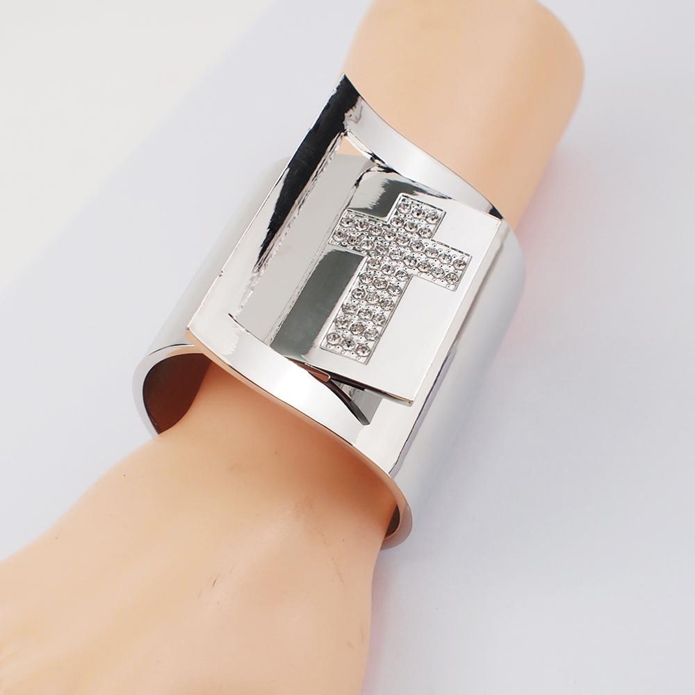 Grote manchet armband met manilla kruis en strass steentjes voor dames, kostuum statement armband sieraden